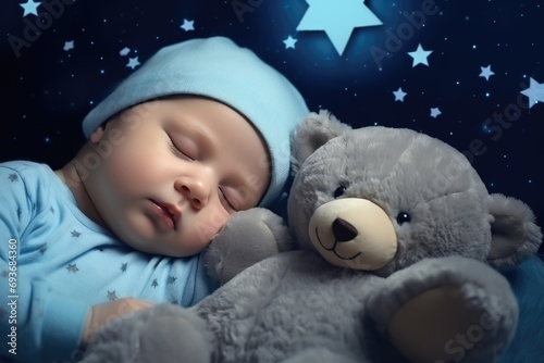 baby sleeping with a bear sleeping with stars