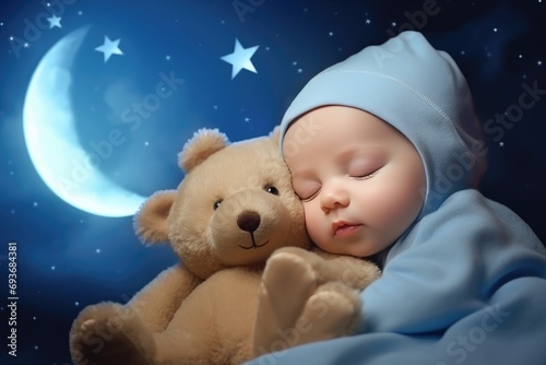 baby sleeping with a bear sleeping with stars