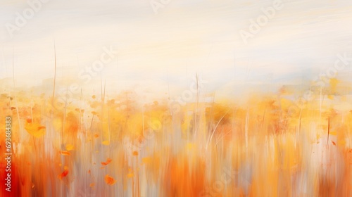 An abstract, blurred view of a meadow in fall with a spectrum of oranges, reds, and yellows
