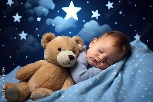baby sleeping with a bear sleeping with stars