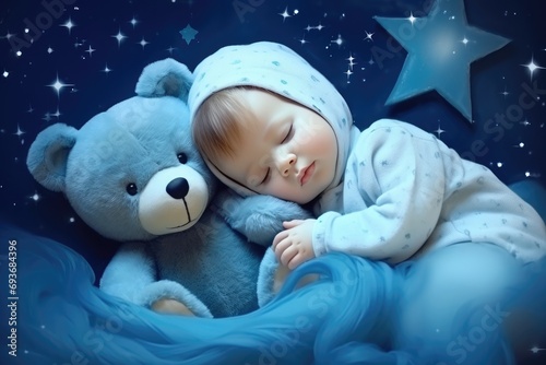 baby sleeping with a bear sleeping with stars