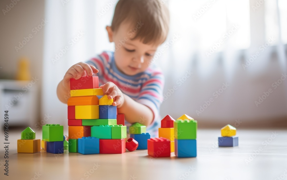 A child plays with building block toys in its own room A child plays with building block toys in its own room