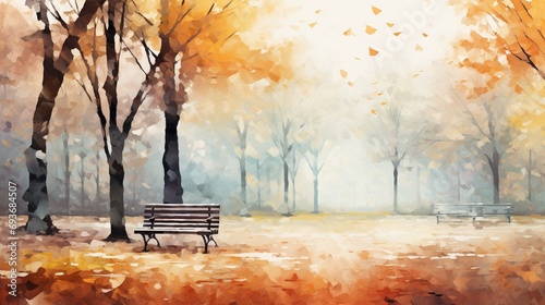 An abstract, dreamy depiction of a park in fall, with benches and trees surrounded by fallen leaves