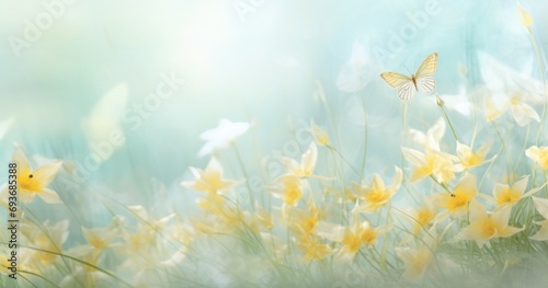 daffodils and butterflies on a yellow grass