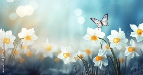 daffodils and butterflies on a yellow grass