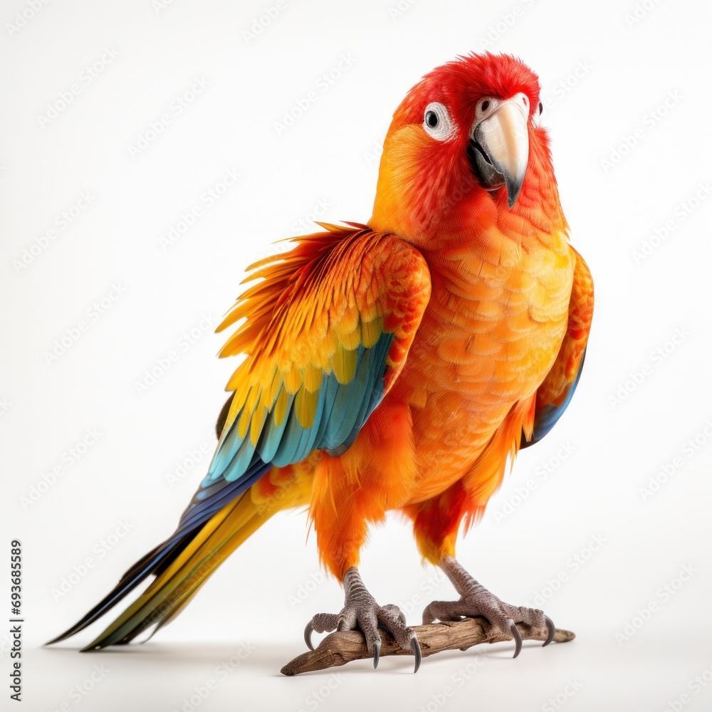 Exotic elegance: A parrot isolated on white, showcasing radiant plumage and charismatic allure --style raw --stylize 250 --v 5.2 Job ID: 4027fd22-d5e4-4a0d-9153-c9a2068537d9