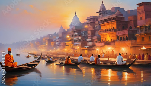 Oil painting on canvas, Ancient Varanasi city architecture at sunrise with view of sadhu baba enjoying a boat ride on river Ganges. India. photo