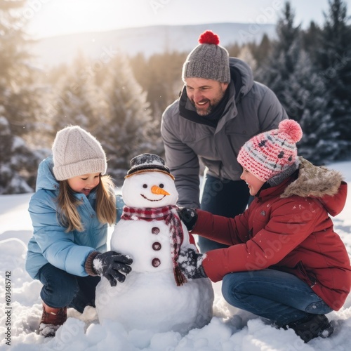 Happy family building a snowman, laughter, mittens, and winter joy in a snowy...