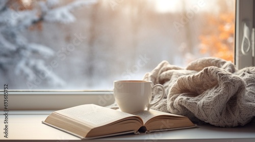 Winter aesthetic morning, warm knits, book, and a window view of snowy landscapes