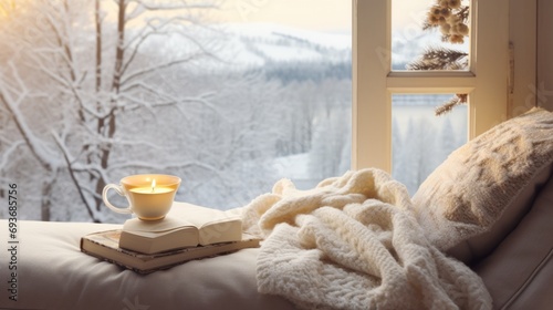 Winter aesthetic morning, warm knits, book, and a window view of snowy landscapes