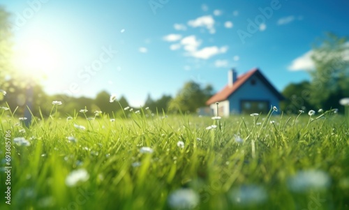 green grass in the field with a house in the background