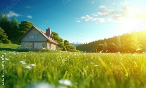 green grass in the field with a house in the background