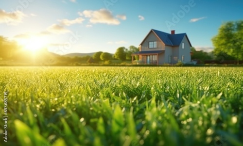 green grass in the field with a house in the background photo