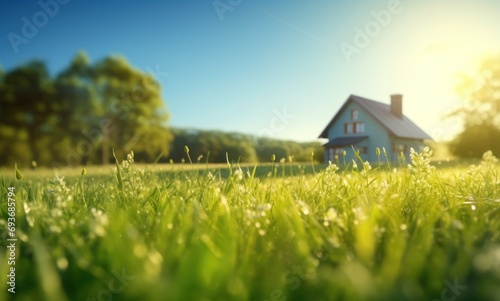 green grass in the field with a house in the background