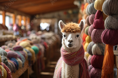 Alpaca in a shop with colored yarn of alpaca wool