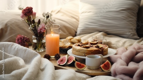 Winter aesthetic, cozy breakfast spread, soft blankets, creating a warm and inviting atmosphere