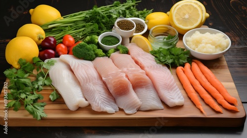 Fresh raw cod fillets with aromatic herbs and zesty lemon slices, a perfect seafood delight