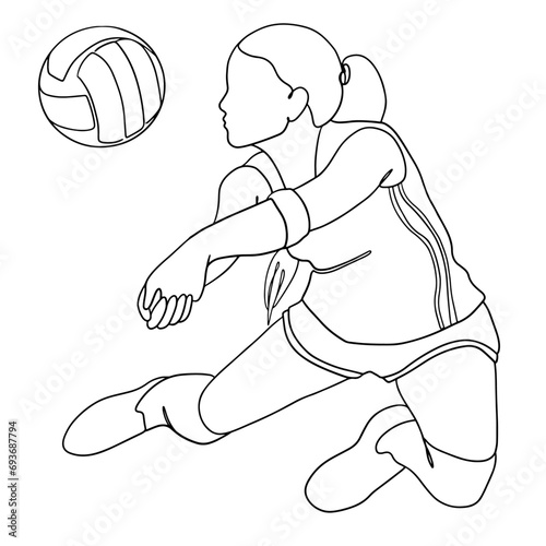 Volleyball woman jump and hit the ball linear vector illustration. Hand drawn vector continuous line of a sportswoman volleyball player hits the ball while jumping. Summer sport.