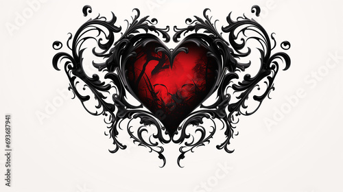 A striking red heart against a white backdrop, elegantly embellished with gothic-inspired lines in black, evoking a sense of dramatic allure