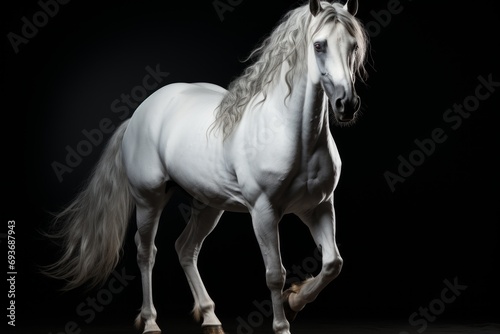 A horse of the Andalusian breed with a white coat color and a light mane. Concept: Unique thoroughbred stallion. A majestic artiodactyl animal. Light background 