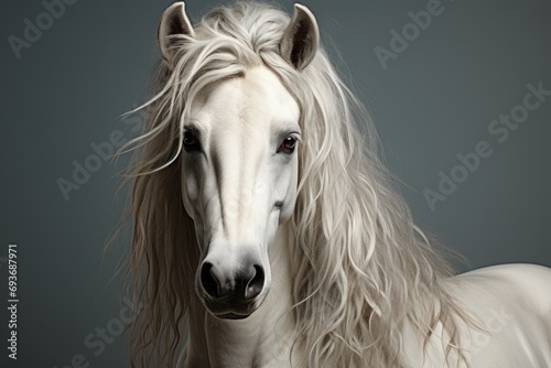 A horse of the Andalusian breed with a white coat color and a light mane. Concept: Unique thoroughbred stallion. A majestic artiodactyl animal. Light background  © PRO Neuro architect