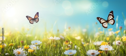 Colorful meadow with blooming flowers and graceful butterflies in a vibrant natural landscape.