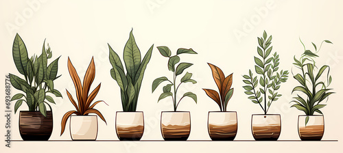 Houseplants in ceramic pots isolated on a white background. Collection of illustrations of decorative exotic herbs and spices in pots. Banner with set of indoor plants for home interior decoration. photo