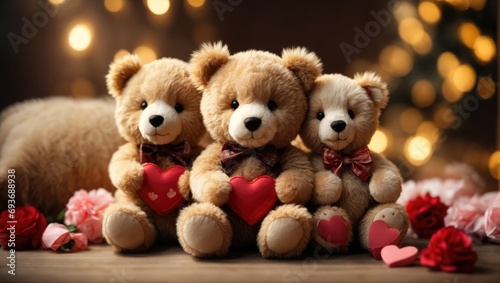 Teddy bears with hearts on wooden table against defocused  © Анастасия Макевич