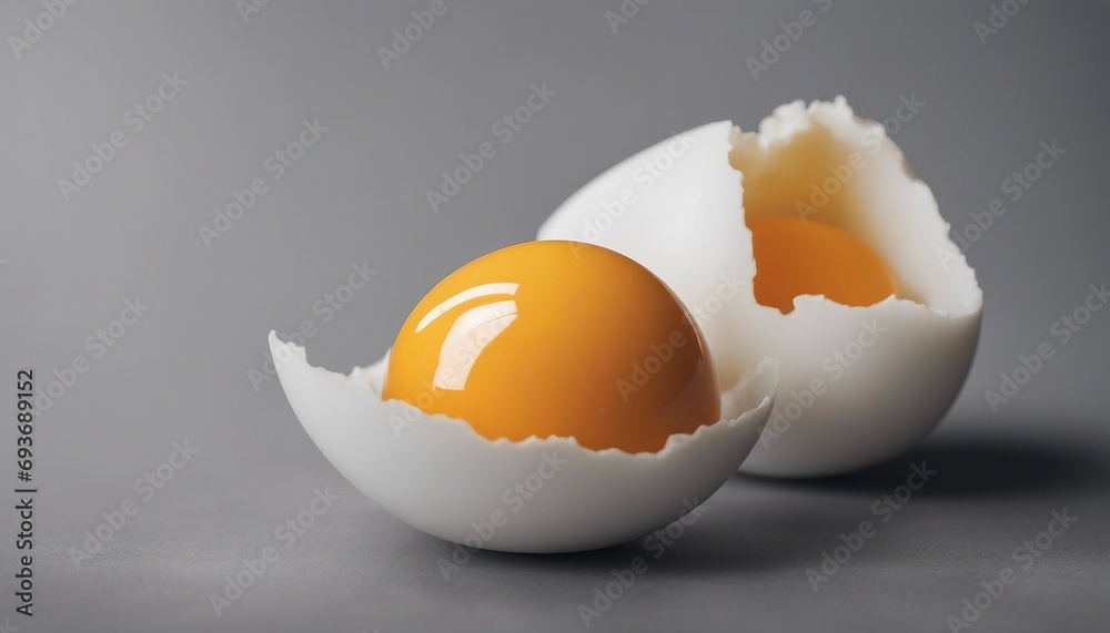 Broken egg with yolk on a gray background, close-up Broken egg with yolk on a gray background, close-up