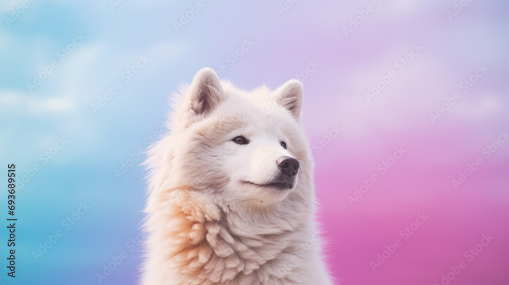 A serene white Samoyed dog with a fluffy coat gazing away, set against a dreamy backdrop of blue and pink hues.