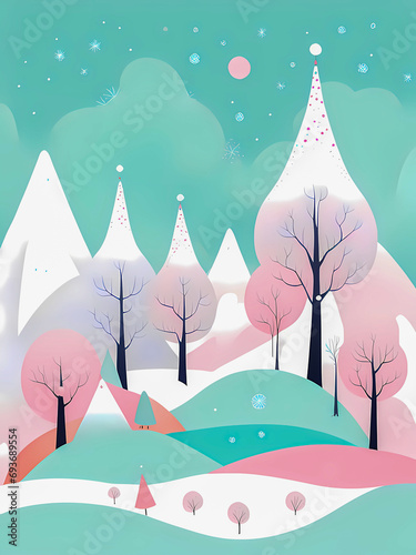 Winter landscape in soft colors for greeting season card.  AI-generated digital illustration, vertical image.