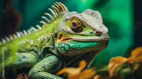 A vibrant green iguana with detailed scales and a focused gaze, positioned against a lush green backdrop.
