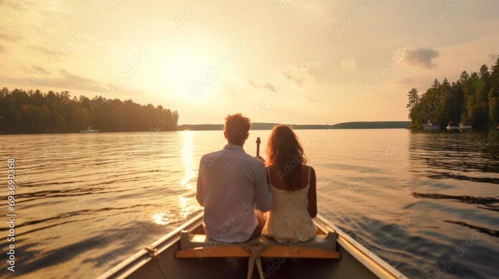 Couple enjoying a romantic boat ride on a serene lake.