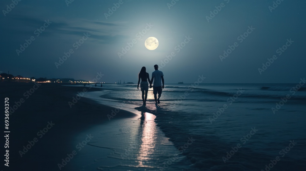 Fototapeta premium A couple holding hands while walking on a beautiful sunset-filled beach.