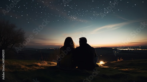 Intimate couple enjoying a celestial night  gazing at stars and identifying constellations on a hillside.