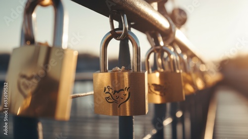Close-up of love locks on a bridge railing, symbolizing everlasting love and commitment.