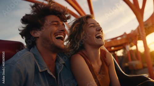 smiling couple enjoying thrill rides at an amusement park.