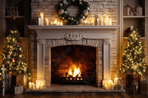 Cosy Christmas interior of a traditional old house with open fireplace with flame, decorated Christmas tree
