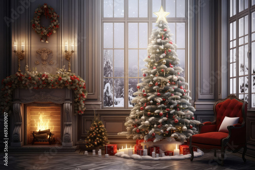 Cosy Christmas interior of a traditional old house with open fireplace with flame  decorated Christmas tree