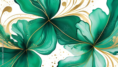 Abstract marbled ink liquid fluid watercolor painting texture banner - Dark greenpetals, blossom flower swirls gold painted lines, isolated on white background. photo