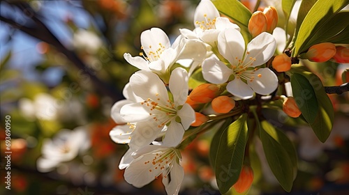 close-up of white flowers on orange trees, highlighting the delicate petals and contrast with the green foliage. This allows you to feel the beauty of the blossoming orange plantations