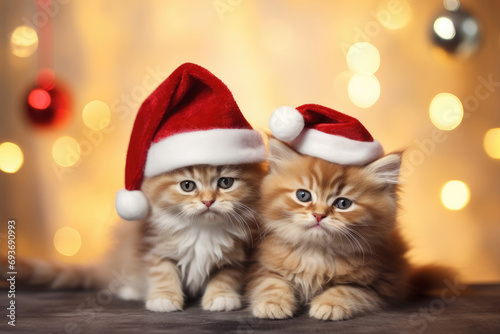 Two ginger kittens in Santa hats laying in front of blurred Christmas tree, blurred golden lights bokeh background