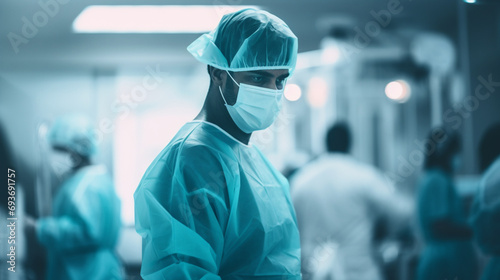 Gros plan sur un chirurgien portant un masque et une blouse d'hôpital. Opération, équipement médical, médecin, santé. Pour conception et création graphique. photo