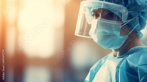 Gros plan sur un chirurgien portant un masque et une blouse d'hôpital. Opération, équipement médical, médecin, santé. Pour conception et création graphique.