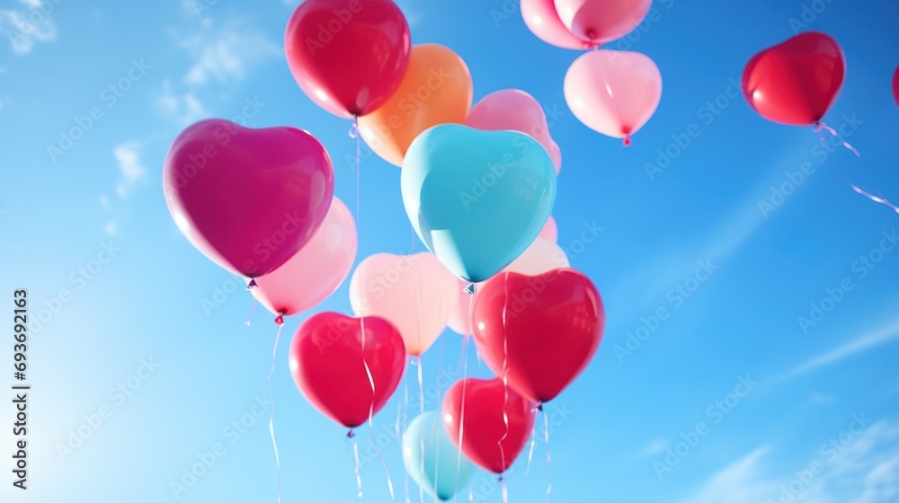 Colorful heart-shaped balloons floating in the air