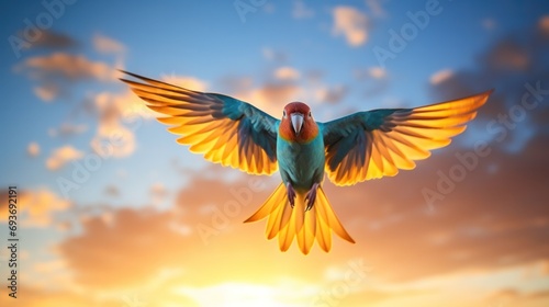 Vibrant lovebird perched on a branch against a stunning colorful sunset with a serene blue sky photo