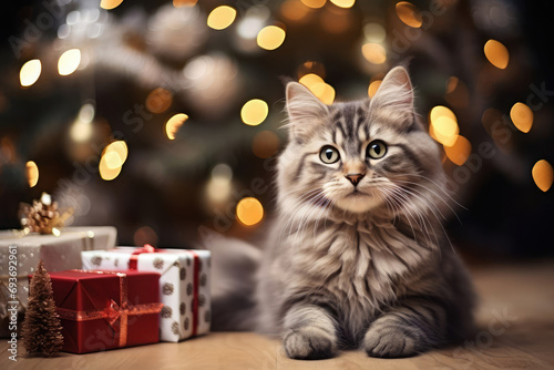 Pretty cat in front of blurred Christmas tree, blurred bokeh background