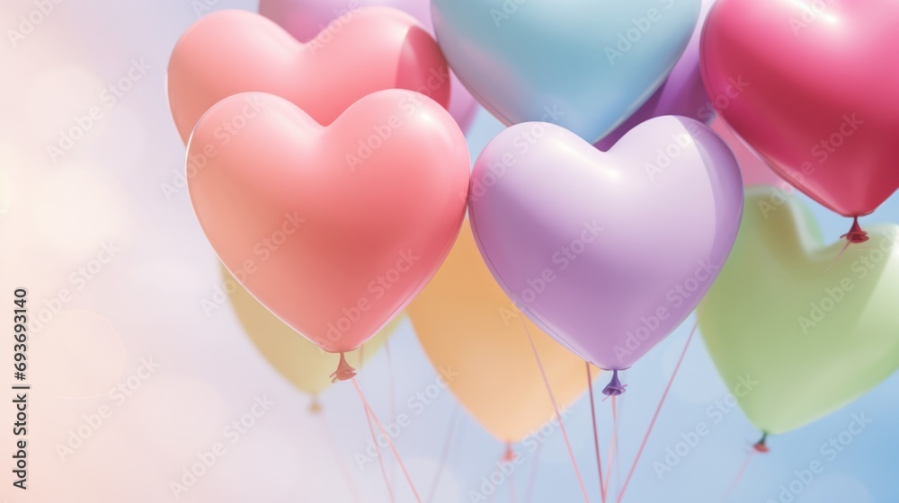 Close up heart-shaped balloons floating in the air against a pastel rainbow palette with a subtle white lighting background.