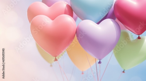 Close up heart-shaped balloons floating in the air against a pastel rainbow palette with a subtle white lighting background.