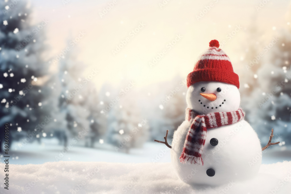 Fototapeta premium Snowman with the hat and scarf standing on the snow in winter